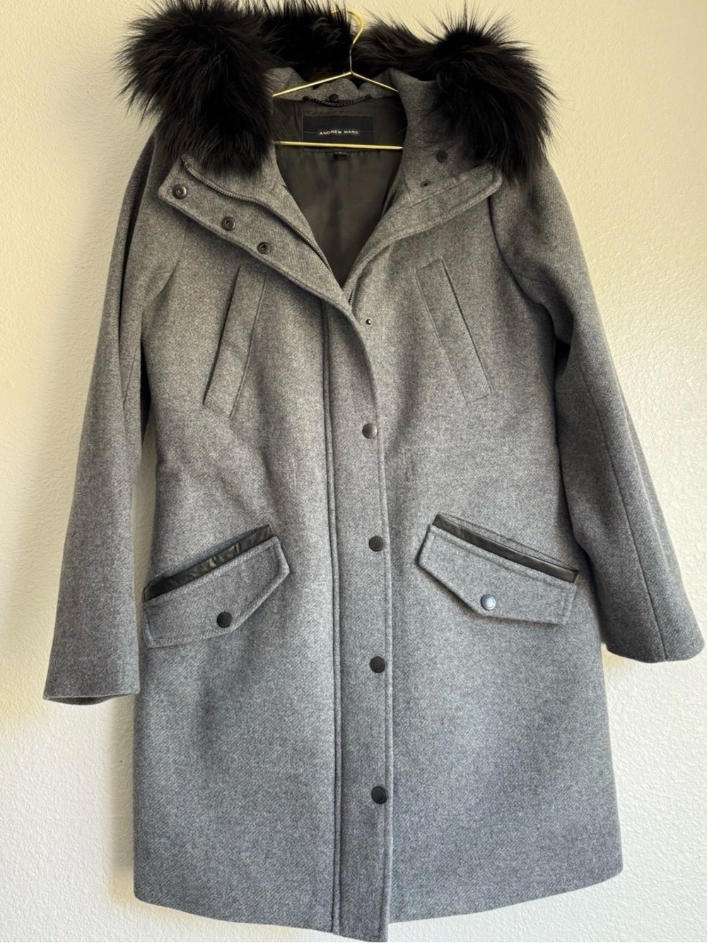 Andrew Marc Gray Wool Zip Up Snap Coat Real Fox Fur Collar Long Jacket Sz 2/S